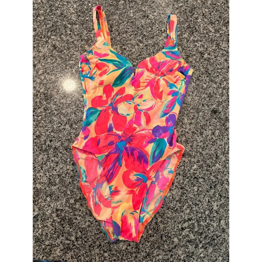 Sun Streak Floral Vintage 90's One-Piece Swimsuit Size 8
